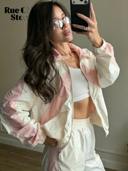 Chevron Stripe Windbreaker Tracksuit Women Casual Zip Cropped Jacket Contrast Trim Shorts Suit Lady Daily Jogging Street Outfit