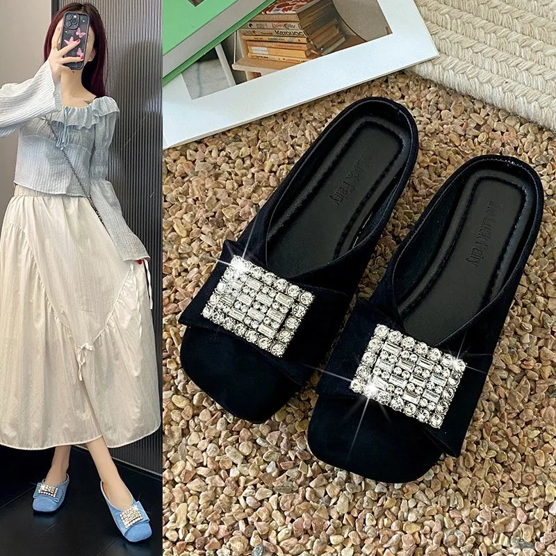 Women's Flat Shoes Korean Style Square Toe Moccasins Ladies Footwear 2025 Trend Young Summer Chic and Elegant Luxury Brand