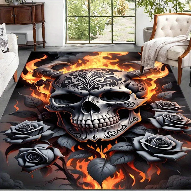 Black Skull Non Slip Rug, Stylish Floor Mat, Perfect for Patio Garden Bedroom Living Room, Gothic Home Decor Accent