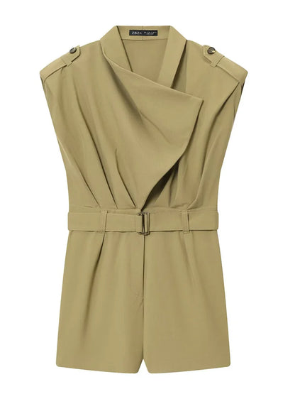 HH Women Elegant Slim Shoulder Pad Short Belt Decoration Button Jumpsuits Women Summer Solid Sleeveless Zipper Jumpsuit Mujer