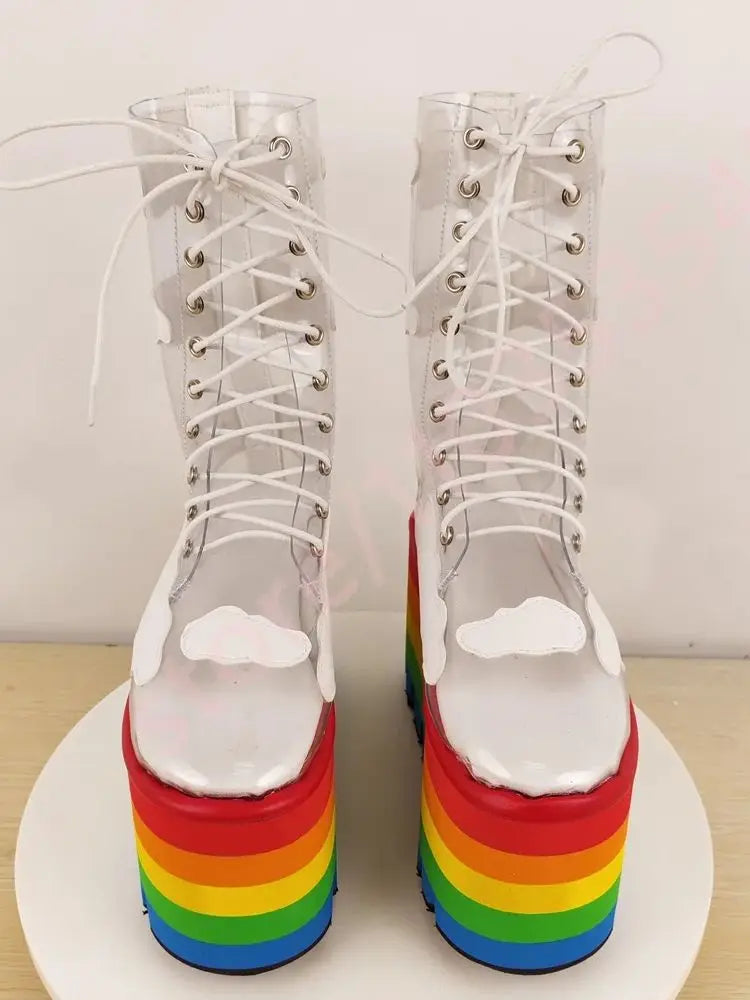 Rainbow Thick Sole Clear Pvc Short Boots 2025 New Round Wedge Heel Street Punk Cross-Lace Stage Boots Fashion Party Casual Boots