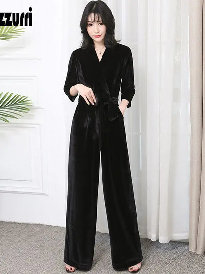 Nerazzurri Spring Autumn Long Soft Flowy Red Velvet Jumpsuit Women with Sleeves Sashes Maxi Black Wide Leg Floor Length Clothes