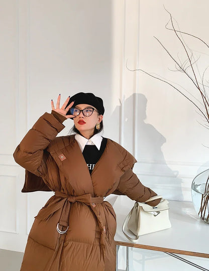 High end Ultra long White goose down Jacket For women Winter 2025 New Fashion Down Coat Female Thicken Parka Overcoat with belt