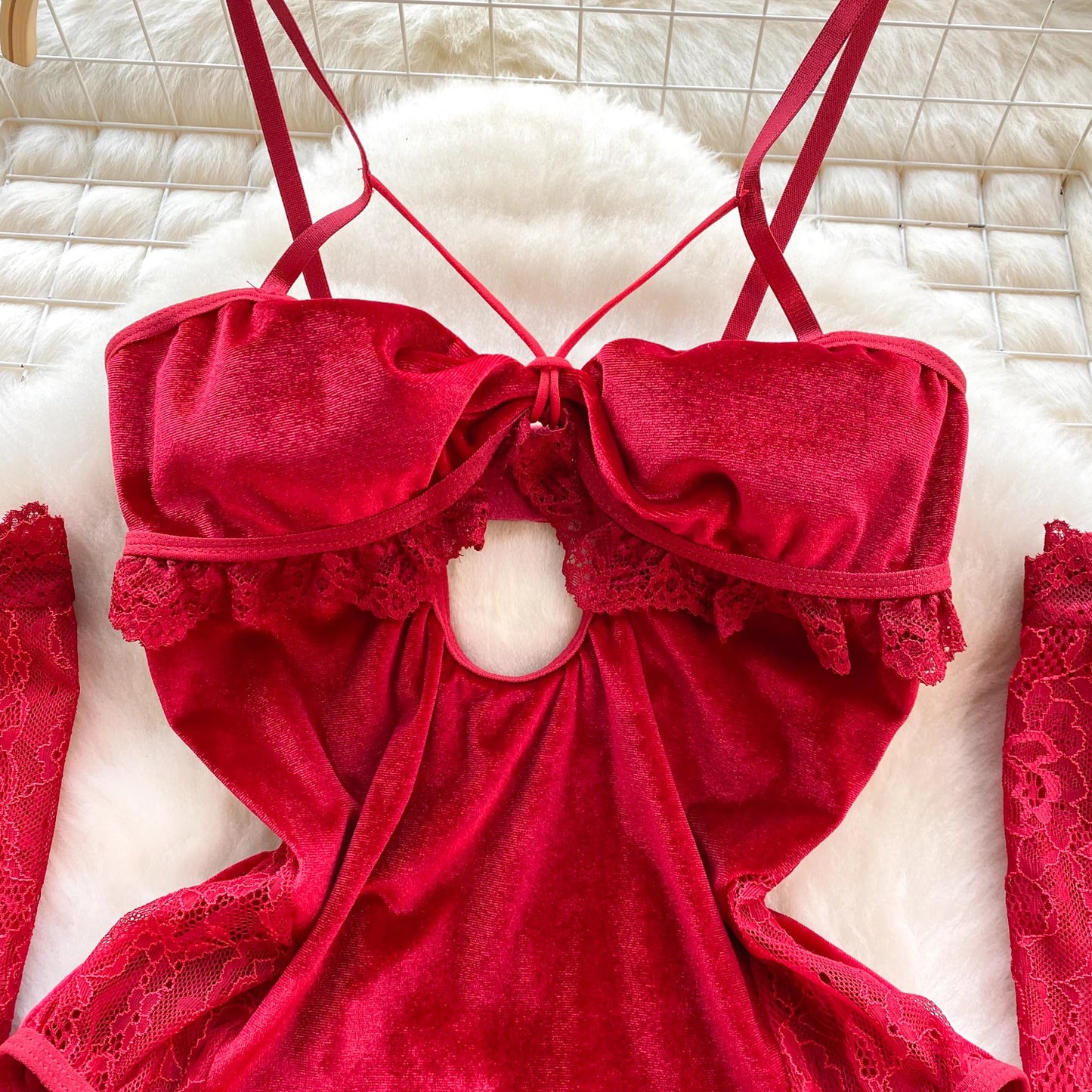 Women Lace Patchwork Velour Strappy Catsuits Fashion One Piece Combination Rompers Erotic Fashion Sexy Bunny Bodysuits Cosplay