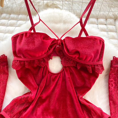 Women Lace Patchwork Velour Strappy Catsuits Fashion One Piece Combination Rompers Erotic Fashion Sexy Bunny Bodysuits Cosplay