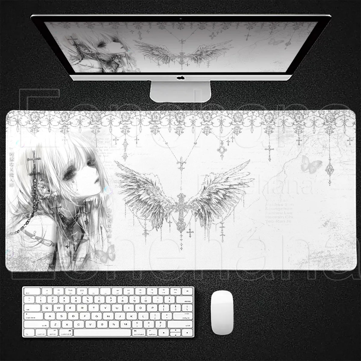 Black White Angel Mouse Pad Large PC Gaming Anime Pretty Girl DeskMat XXL Cartoon Laptop Keyboard Gamer Accessories Office Setup
