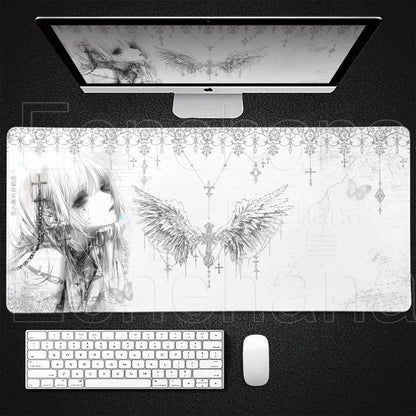 Black White Angel Mouse Pad Large PC Gaming Anime Pretty Girl DeskMat XXL Cartoon Laptop Keyboard Gamer Accessories Office Setup