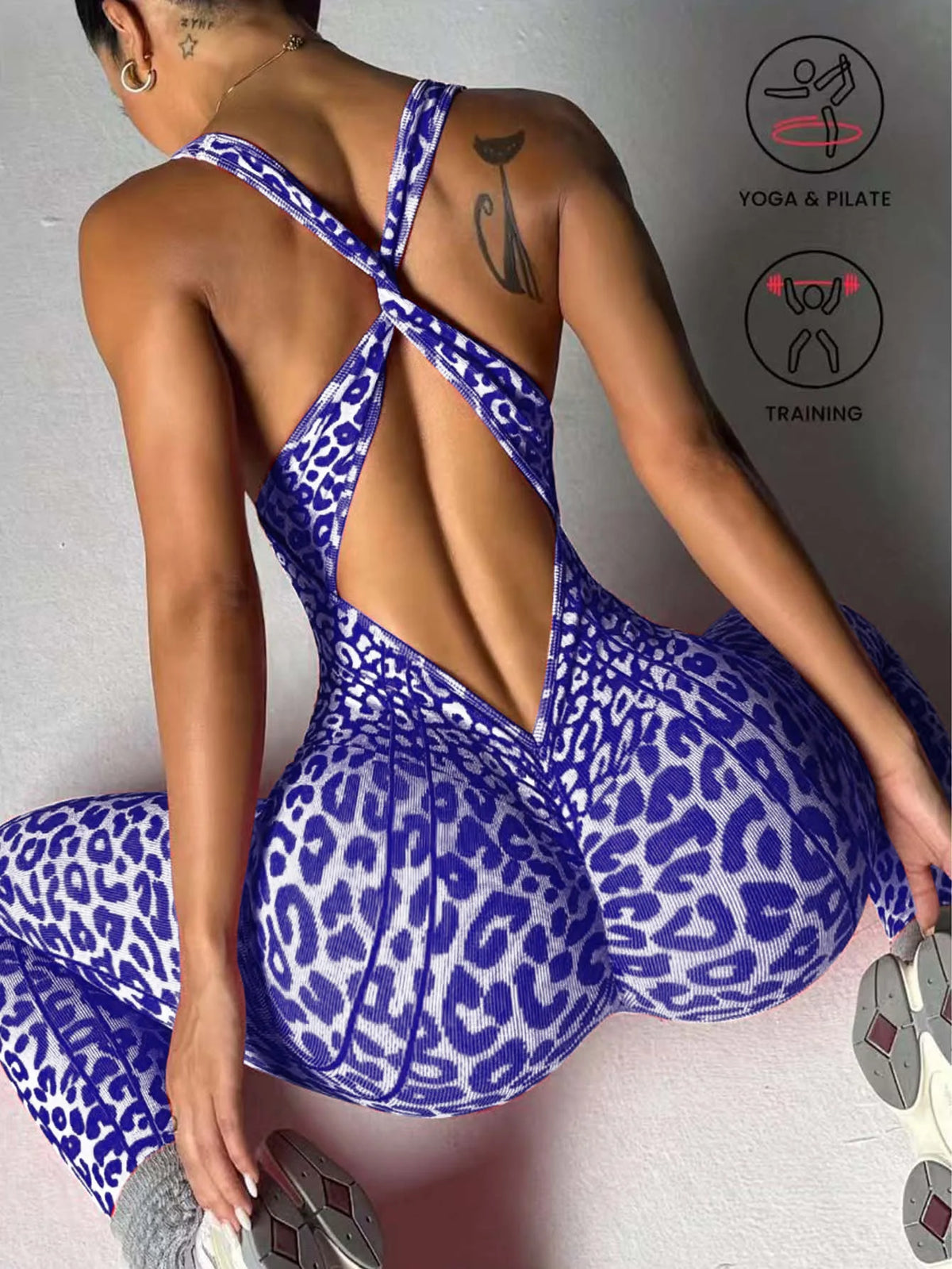 Women Seamless Leopard Print Cross Back Jumpsuit Butt Lifting Yoga Bodysuit High Elastic Workout Fitness Athletic Catsuit