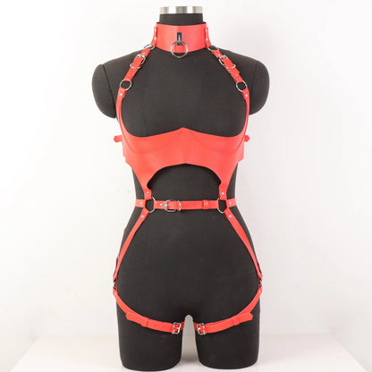 Women'S Sexy Gothic Vegan Faux Leather Full Body Harness Belt, Garter Belt Set