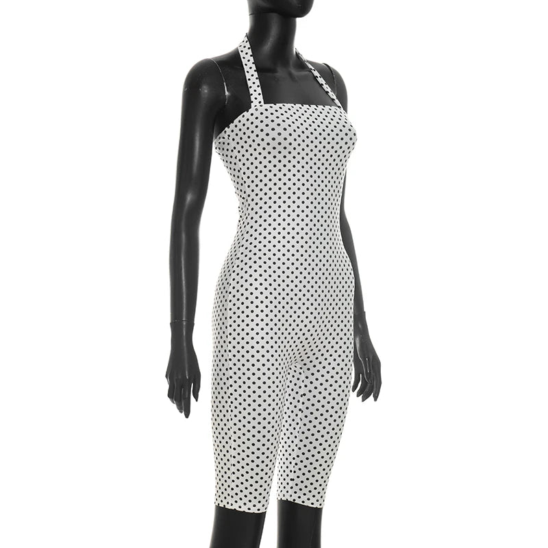 Fashionable polka dot sleeveless hanging neck slim fit jumpsuit, seven part jumpsuit