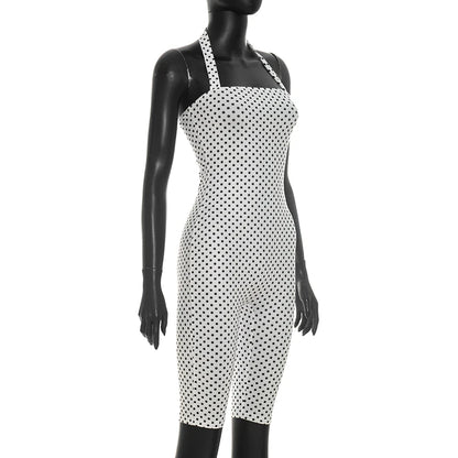 Fashionable polka dot sleeveless hanging neck slim fit jumpsuit, seven part jumpsuit
