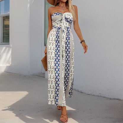 Cotton Rayon Floral Printed Sexy Strapless Jumpsuit Women Casual Bow Boho Beach Summer One Piece Women's Jumpsuits Bohemian