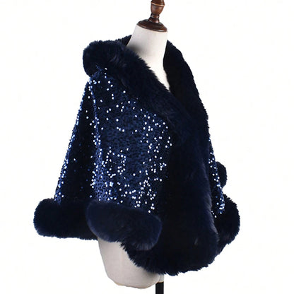 1PC Shiny Sequin Plush Shawl for Women Party Warmth Versatile Faux Fur Collar Blingbling Fashionable Shawl