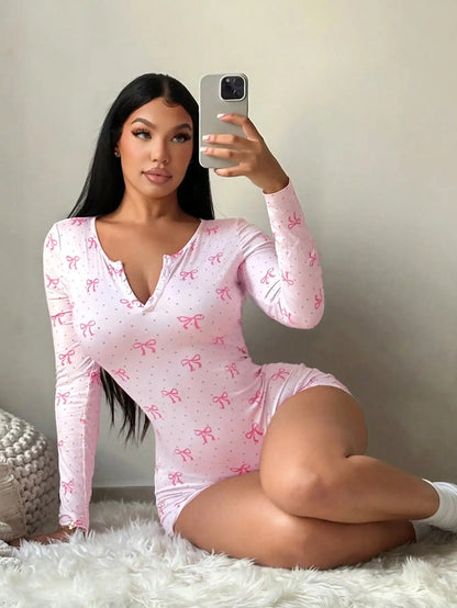 Women's Sexy Casual Pink Polka Dot Bow Print Comfortable Knitted Elastic Jumpsuit Shorts Home Clothes