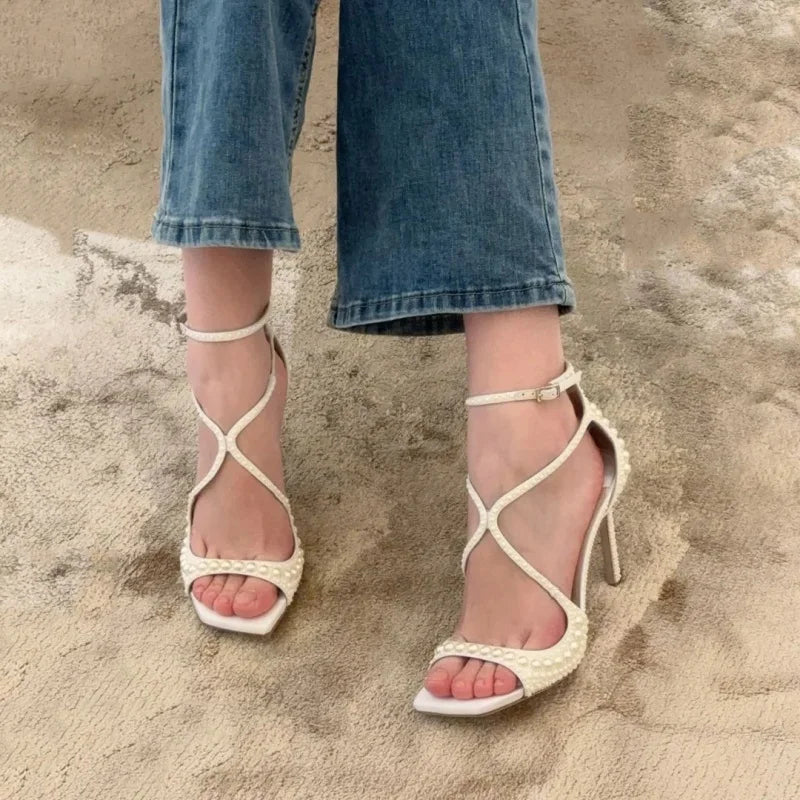 2025 Summer New Luxury White Pearls Decorated Women's Sandals Ankle Straps High Heels Square Toe Party Wedding Sexy Femme Shoes
