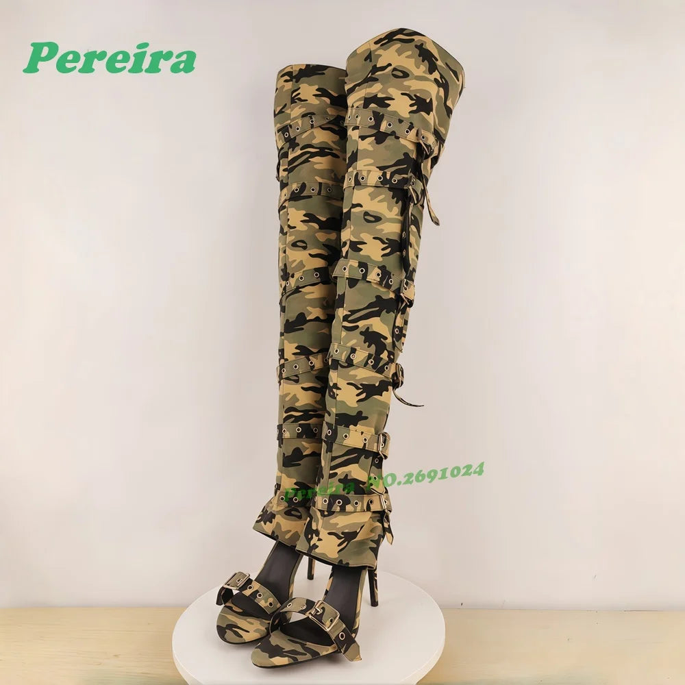 Camouflage Belt-Buckled Sandals Open Toe Thin Heels Side Air Women's Gladiator Sandals Stiletto Patchwork Summer Luxury Shoes