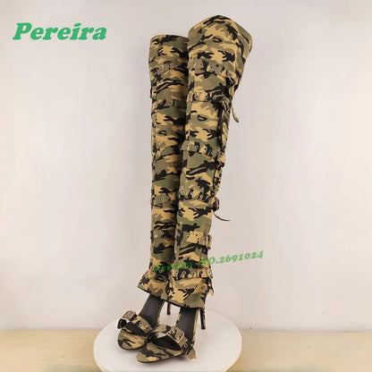 Camouflage Belt-Buckled Sandals Open Toe Thin Heels Side Air Women's Gladiator Sandals Stiletto Patchwork Summer Luxury Shoes