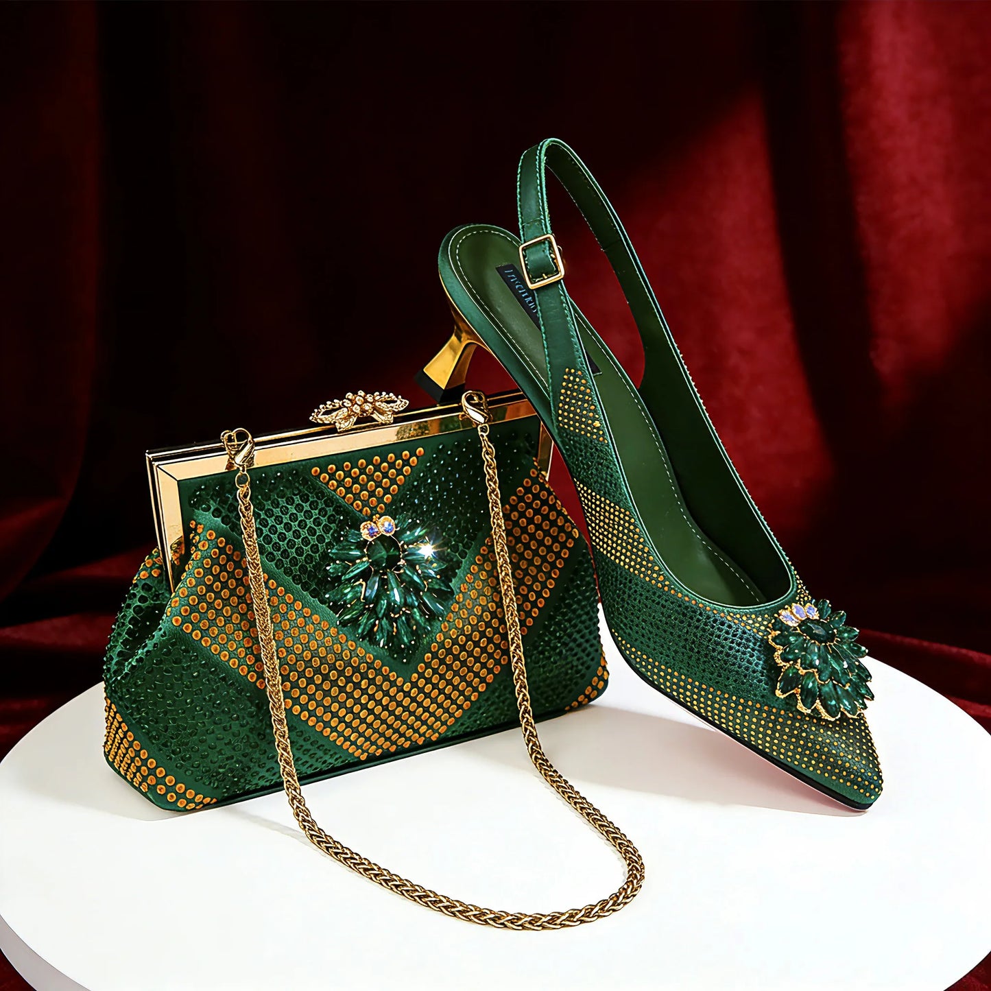 Venus Chan 2026 Italian Luxury Rhinestone Wine Pointed Toe High Heels with Matching Bag Set – Ideal for Parties and Special