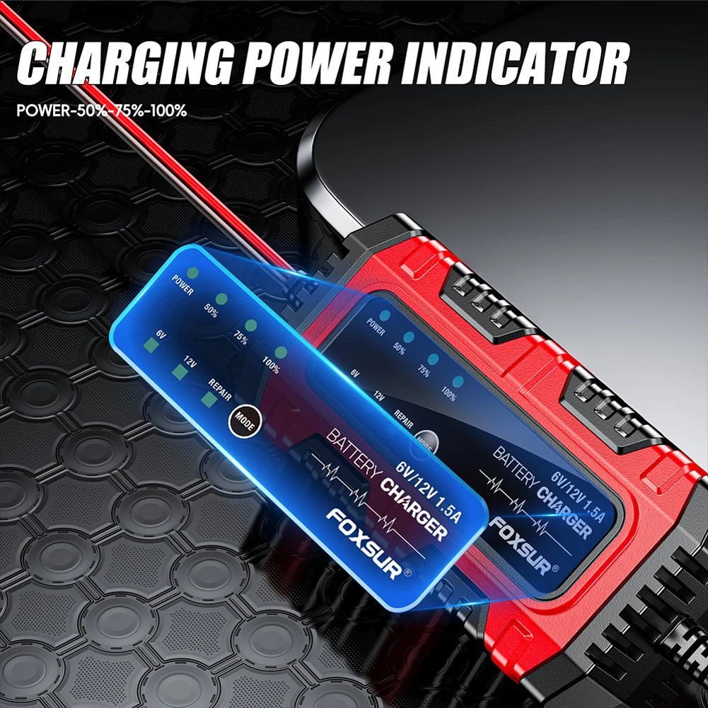 6V/12V 1.5A Car Battery Charger Electric Motorcycles Charger Smart Charger for Car Truck Boat SUV Lead-Acid AGM GEL Batteries