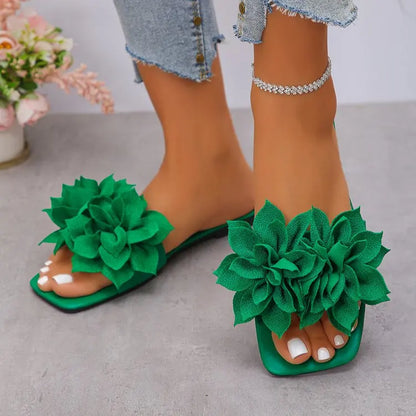 Women Flat Slippers 2026 Summer New Solid Color Sandals Flowers Open Toes Slippers Casual Fashionable Beach Shoes Slides Women
