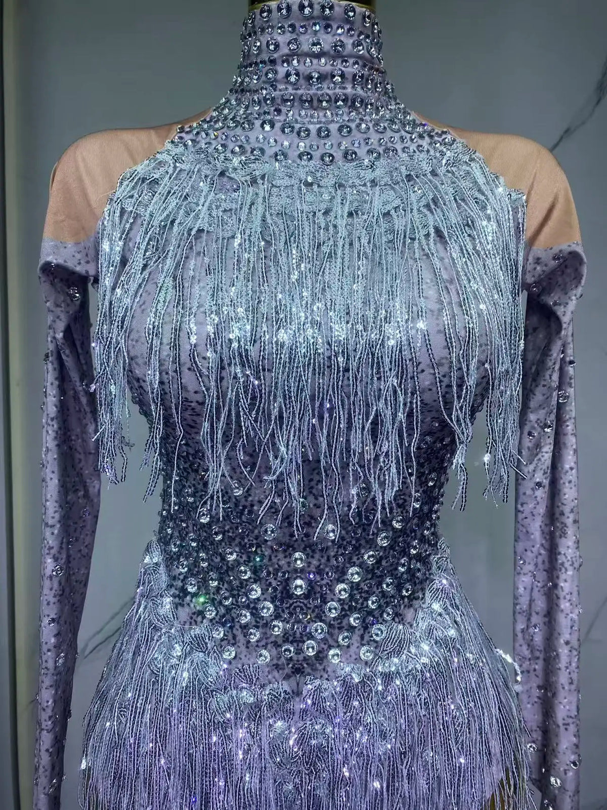 Sparkly Rhinestones Sequins Tassels Bodysuit for Women Sexy Performance Dance Costume Singer Dancer Leotard Show Stage Wear