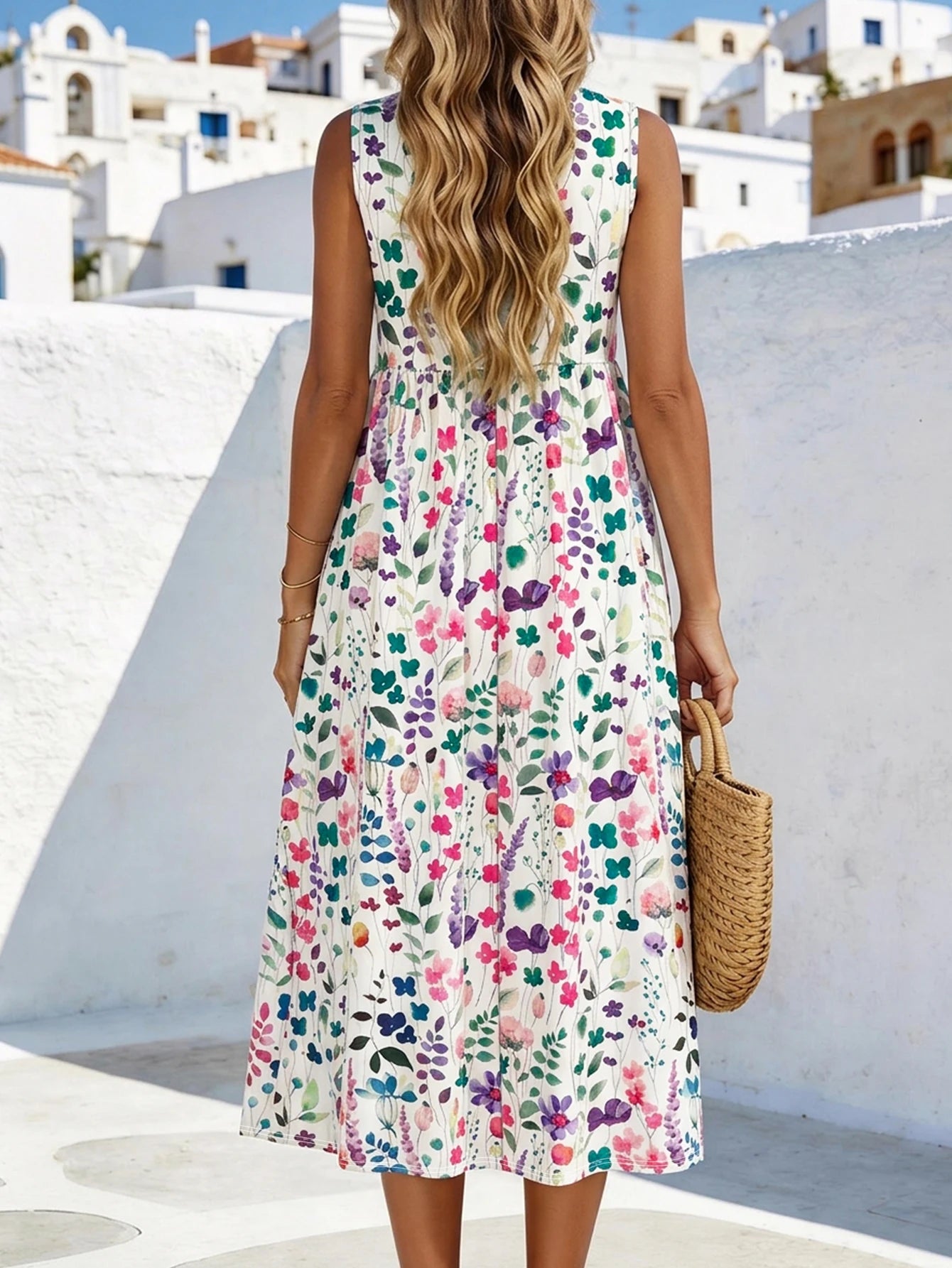 Women's Watercolor Floral Print Sleeveless Midi Dress Summer Casual Round Neck A Line Flowy Sundress