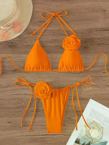 2026 S-L Sexy 3D Flowers Halter Strappy Bikini Women Swimwear Female Swimsuit Two-pieces Bikini Set Bather Bathing Suit Swim