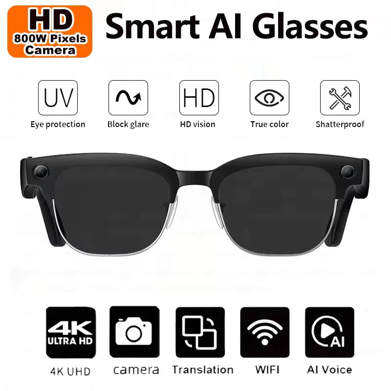 Smart AI Glasses 4K 8MP Camera Recording Videos Photo Recognition Answer Translation BT Call Photochromic Sunglasses Waterproof