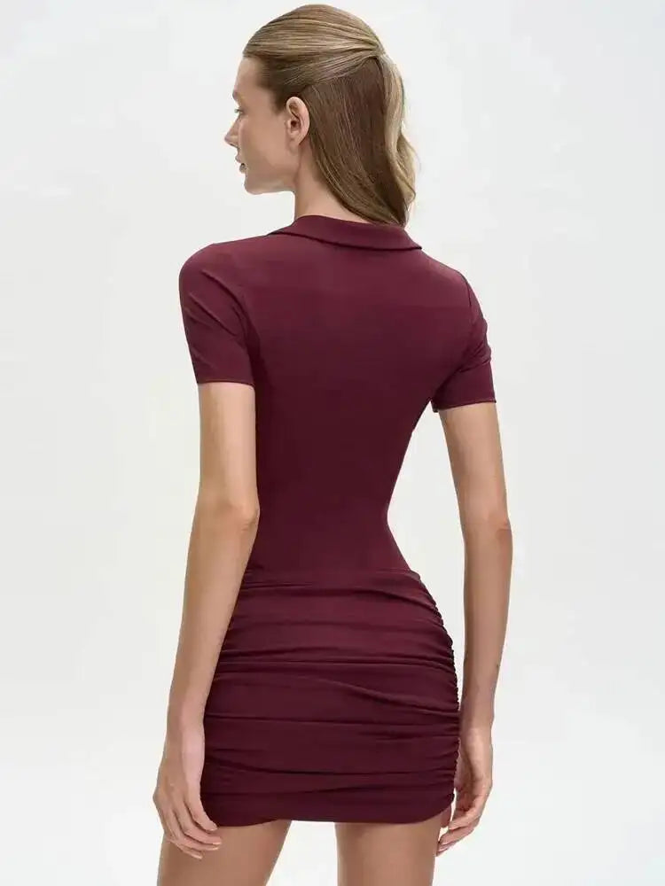 Sibybo Polo Collar Zipper Women Jumpsuits Set Short Sleeve High Elastic Rompers Ruched Bodycon Skirt Spring Casual Matching Sets