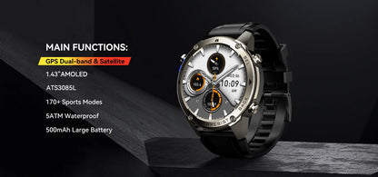 AMOLED Smart Watch DM56 Bluetooth Calling 500mAh Battery GPS Dual Band Satellite Outdoor Sports  Fitness Tracking Smartwatch