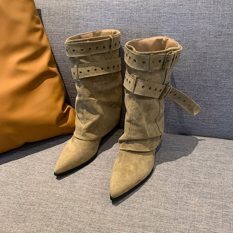2025 Pointed Toe Women's Winter Boots Designer Mid Heels Elegant Shoes Pumps Fashion Boots New Trend Dress Gothic Ladies Boots