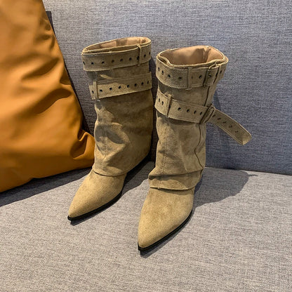 2025 Pointed Toe Women's Winter Boots Designer Mid Heels Elegant Shoes Pumps Fashion Boots New Trend Dress Gothic Ladies Boots