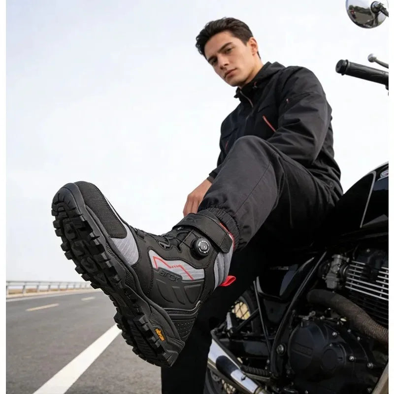 High-Quality Cowhide Waterproof Pull-Riding Boot Motorcycle Tightening Shoes & Reinforced Toe Heel & Wear-Resistant Rubber Sole