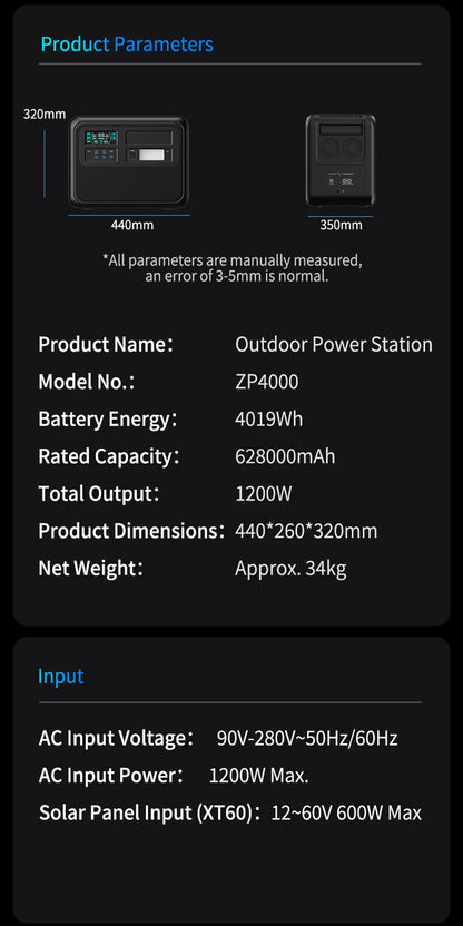 4020WH 1200W Portable Power Station 902WH 1000W Lifepo4 Battery Pure Sinve Wave Solar Generator for Emergency Power Supply