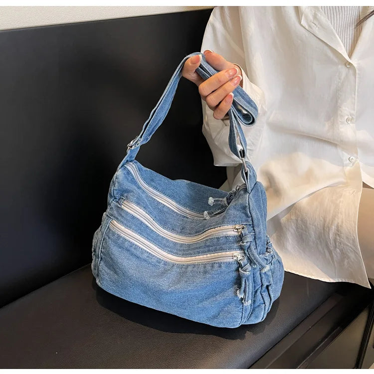 Vintage Denim Women's Shoulder Bag Large Capacity Messenger Bag Multi-pockets Satchel Bags Adjustable Strap Ladies Crossbody Bag