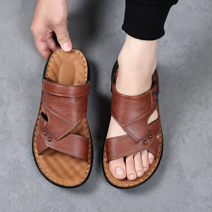 Mens Slippers 2026 New Summer Breathable Outdoor Non Slip Thick-soled Beach Shoes Leather Comfortable Casual Driving Sandals Man