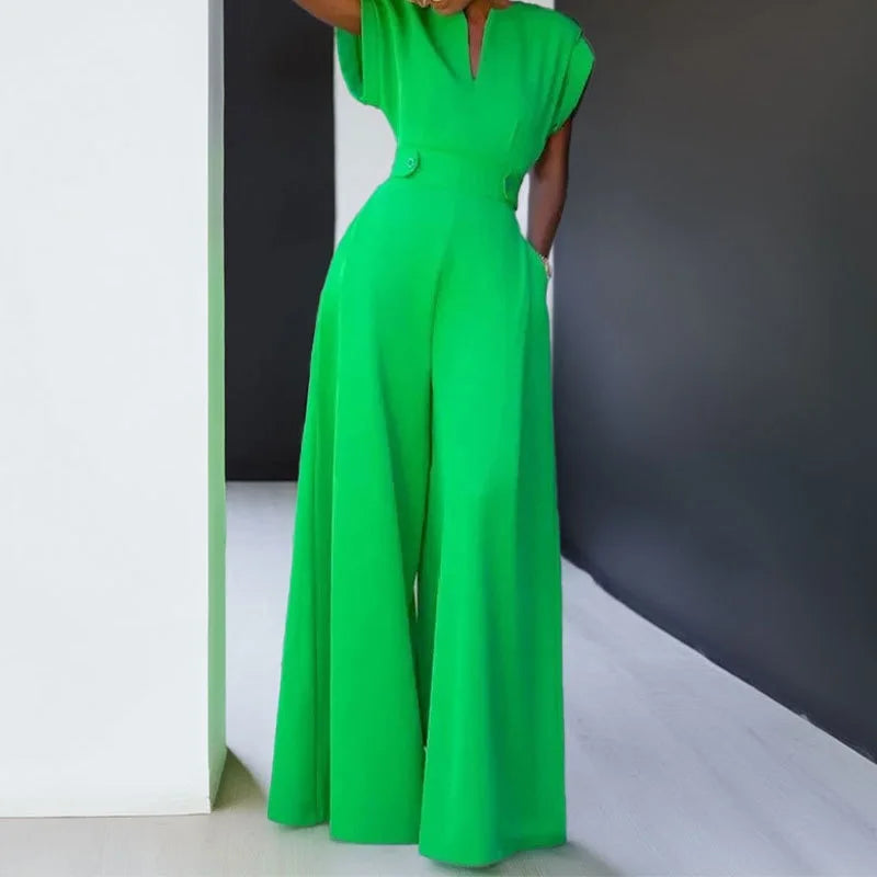 Elegant Women's Jumpsuits Fashion Solid Color V-neck High Waist Wide Leg Sleeveless Jumpsuit Temperament New Female Clothing