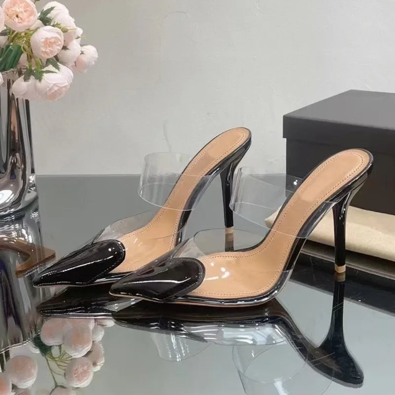 Elegant Pointed Toe Transparent PVC Heart High Heels Mules Slipper Shoes Women 2025 Black White Red Shoes Luxury Designer Pumps