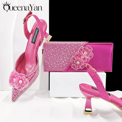 QueenaYan Elegant African-Inspired Evening Shoes and Handmade Clutch Set Pointed Toe High-Heel Women's Footwear and Matching Bag