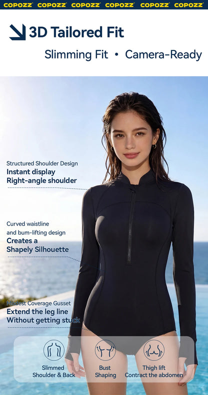 COPOZZ High Neck Swimsuit Women UPF50 Long Sleeve One Piece Rash Guard Swimming Bath Suit Beach Swimwear Female Surfing Bodysuit