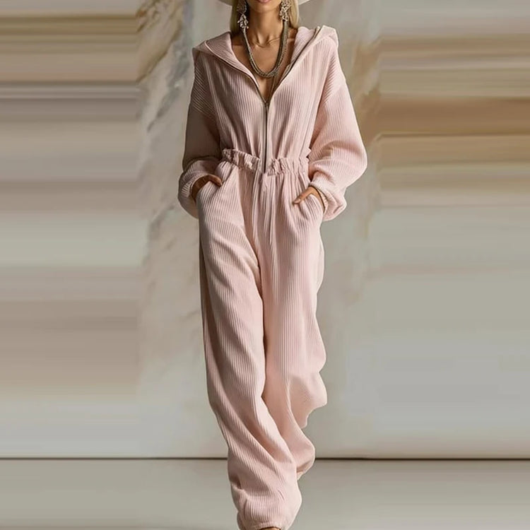 Elegant Ribbed Hooded Playsuit Overalls Women Fashion Zipper Hight Waist Long Jumpsuits Casual Long Sleeve Pocket Party Rompers