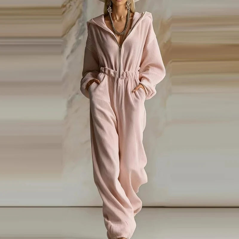 Elegant Ribbed Hooded Playsuit Overalls Women Fashion Zipper Hight Waist Long Jumpsuits Casual Long Sleeve Pocket Party Rompers