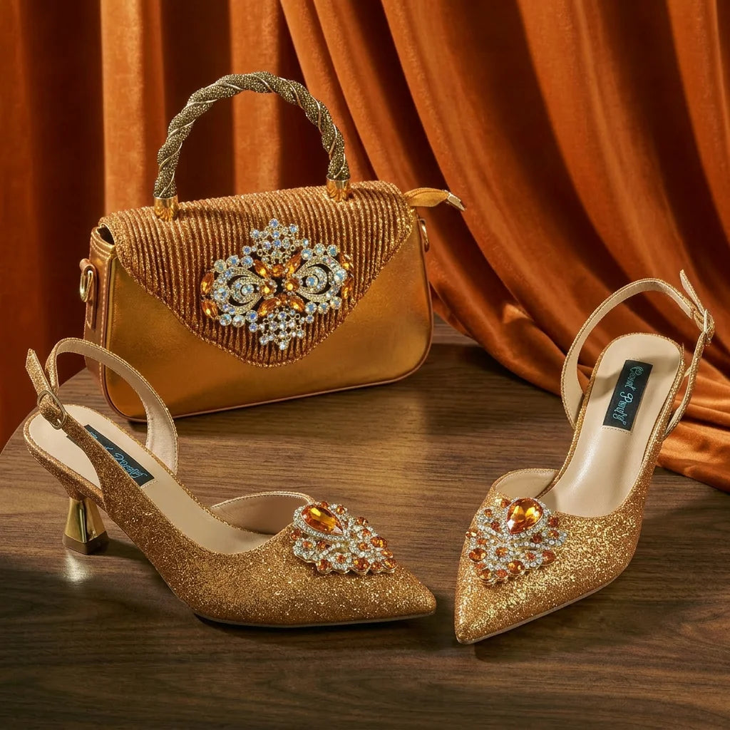 QSGFC Hot Selling INS Pointed-Toe Luxury Style Women High Heels Sandal With Bag Set Orange color Color For Wedding Party