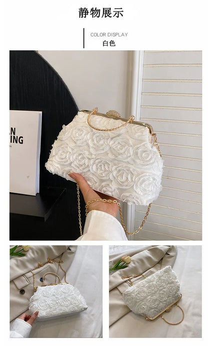 Luxury Satin Floral Bride Party Evening Clutch Bag Women Wedding Purses and Handbags Small Shoulder Chain Bag Designer Bag