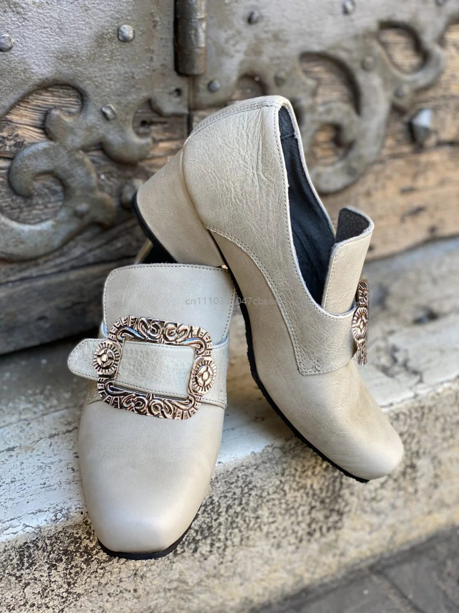 Vintage Medieval Renaissance Frock Shoes Unisex Block Heels With Buckle Boot Halloween Cosplay Costume Party Historical Footwear