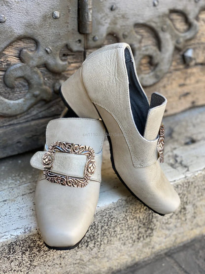 Vintage Medieval Renaissance Frock Shoes Unisex Block Heels With Buckle Boot Halloween Cosplay Costume Party Historical Footwear