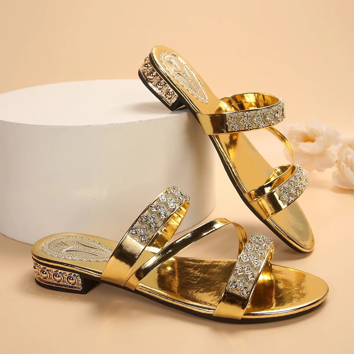 Women's Slip On Gold Crystal Low Heel Sandals Summer 2026 Shiny Straps Mules Shoes Woman Comfortable Square Toe Sandalias Mujer