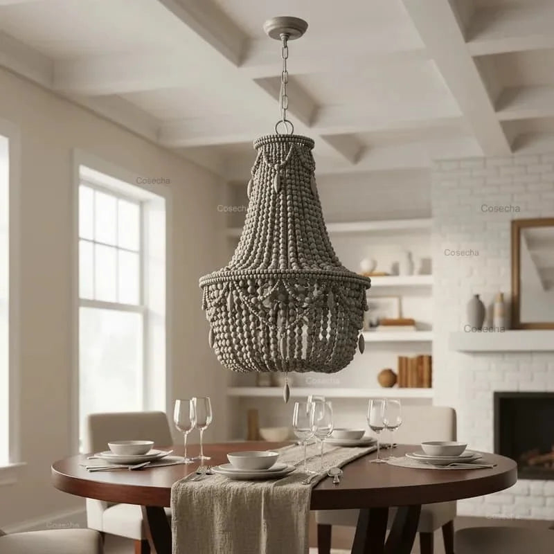 Black French Country Chandelier Large Hanging Lights Dia60 H65cm Living Room Boho Wood Bead Chandelier For Bedroom Dining Room