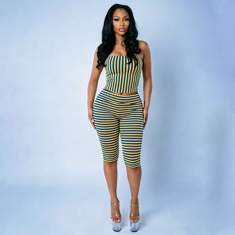 Spicy girl color blocking striped strapless slimming slim fit striped cropped pants set