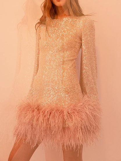 Sparkling sequin backless dress for fashion parties summer sexy dress casual daily O collar feather long sleeved short skirt